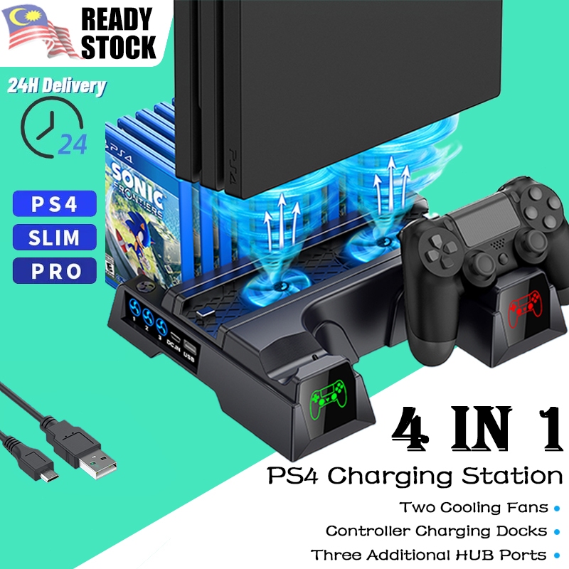 [MY Ready Stock] Fast charging station for PS4/PS4 Pro/PS4 Slim Console Vertical Cooling Stand LED Dual Charger PS4 Cooling Fan